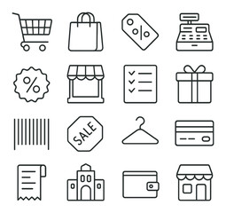 Shopping mall icons collection, retail design elements. commercial and store symbols set
