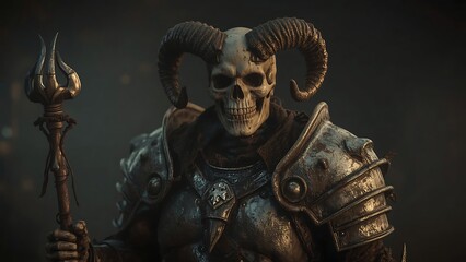 Fototapeta premium A skeletal warrior in battle-worn metal armor, holding an ancient magic staff, against a dark foggy backdrop.