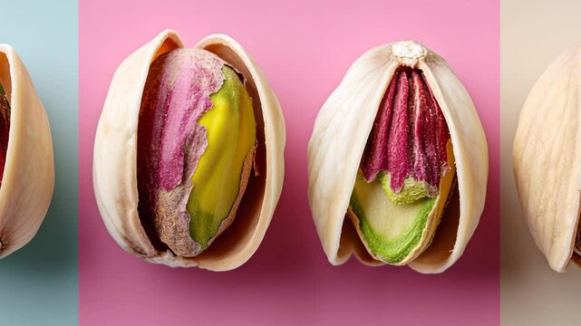 Four different types of nuts are shown in a row, with one nut being opened. The nuts are almonds, cashews, peanuts, and pistachios. The image has a colorful and vibrant feel to it
