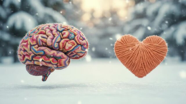 Mind and Heart Connection in Winter - A colorful, textured brain and a yarn heart sit on a snowy surface, with a blurred winter forest background.