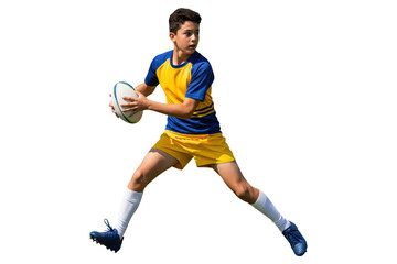 Young male rugby player in a yellow and blue uniform running with the ball