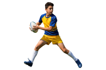 Young male rugby player in a yellow and blue uniform running with the ball