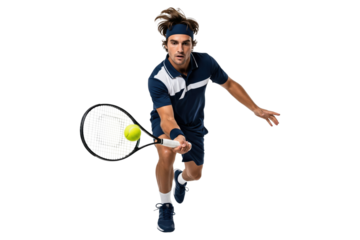 Male tennis player in a blue and white uniform hitting a forehand shot with a racket and ball