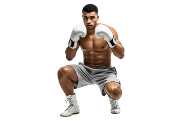 Male boxer in grey shorts and white gloves in a crouched fighting stance