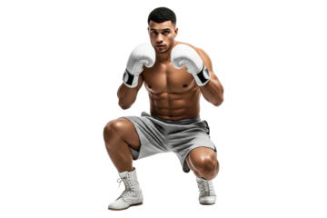 Male boxer in grey shorts and white gloves in a crouched fighting stance