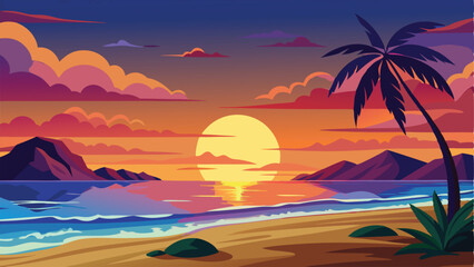 Colorful Tropical Sunset Beach Scene with Palm Tree and Mountain Silhouette View