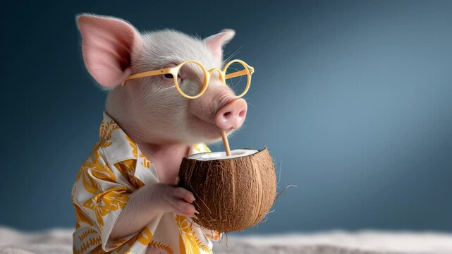 Pig wearing glasses and a yellow shirt is holding a coconut in its mouth. The image has a playful and lighthearted mood, as the pig is dressed up in a human-like manner and he is enjoying a drink