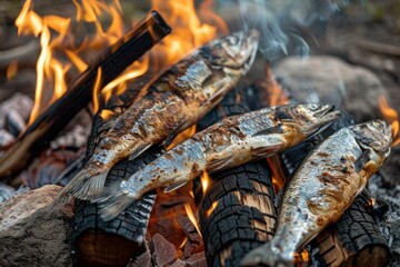Freshly caught fish grilling on burning wood in open fire cooking, creating a delicious campfire meal