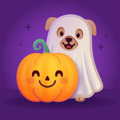 Cute Halloween Dog Dressed as Ghost with Smiling Pumpkin – Adorable Cartoon Puppy in Costume Illustration for Kids, Autumn, Holiday Greeting Cards, Stickers, Posters, Party Decor, and Clipart purple
