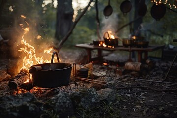 Rustic campfire setup with pots and pans in a forest setting