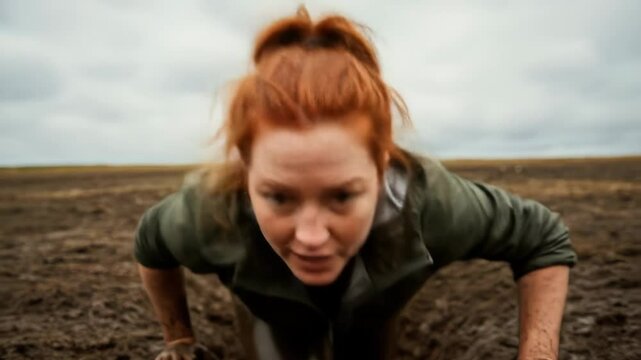 Woman doing Mud Run Obstacle - A young woman with red hair is doing a low crawl through mud during a mud run or obstacle course.