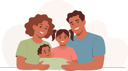 Illustration of a happy family with two children and parents smiling together