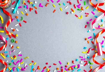 Festive frame with colorful confetti & ribbons on textured background, ideal for party invitations, gold, confetti