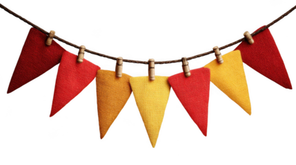 Rustic twine string with red and yellow fabric pennant flags attached by wooden clothespins isolated on transparent background