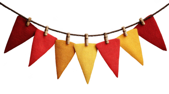 Rustic twine string with red and yellow fabric pennant flags attached by wooden clothespins isolated on transparent background