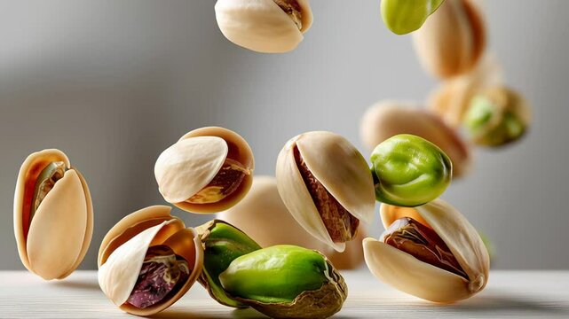 Bunch of green and white nuts are flying through the air. The nuts are scattered all over the image, with some of them being green and some of them being white. The image has a playful