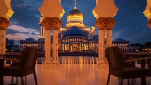 Majestic Sultan Omar Ali Saifuddien Mosque at Dusk, with Golden Dome and Reflections