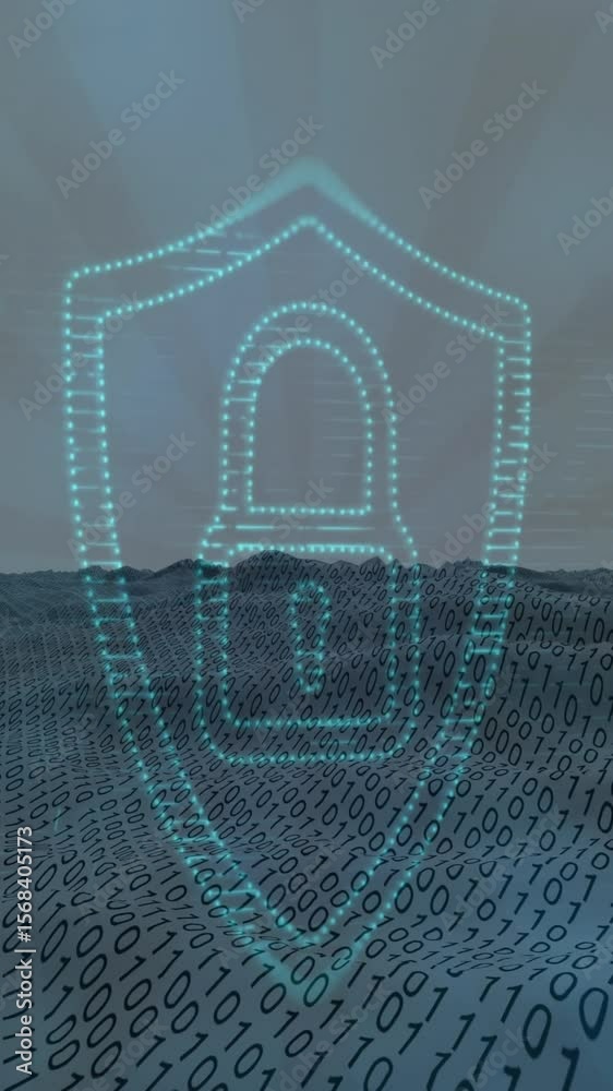 Poster animation of light spot over security padlock icon against binary coding over digital wave