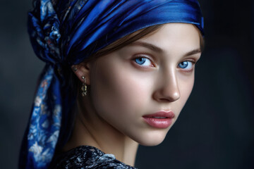 Young woman with striking blue eyes wearing a blue scarf in soft lighting
