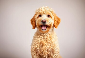Golden Doodle, playful pose, bright high-key lighting, joyful expression,  fluffy,  white