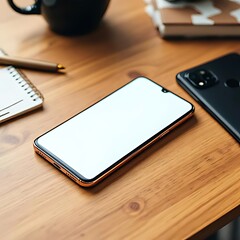 A modern smartphone with a blank white screen rests on a wooden desk