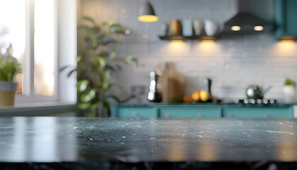 Blurred modern kitchen interior and desk space and outstanding furniture