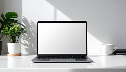Modern Minimalist White Workspace with Laptop