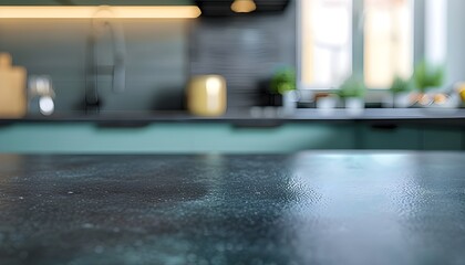 Blurred modern kitchen interior and desk space and outstanding furniture