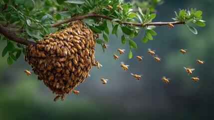 Obraz premium Natural bee swarm cluster hanging from tree branch