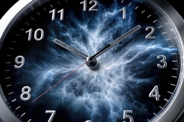 Clock showing swirling storm of energy with a dark background and dramatic lightning effect
