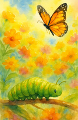 Caterpillar and Butterfly Transformation - Watercolor Illustration
