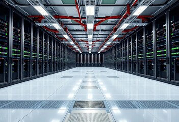 Vast, empty server room with raised flooring and cable trays, floor, servers