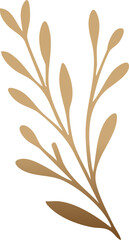 A minimalistic illustration of a golden-brown botanical branch with elongated leaves on a white background.