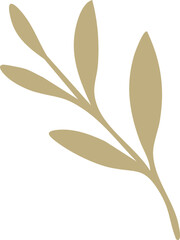 A minimalistic illustration of a golden-brown botanical branch with elongated leaves on a white background.
