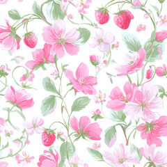 Hand-Painted Strawberry Clusters in a Seamless Floral Pattern