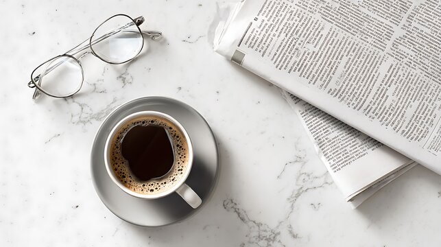 Minimalist still life of a coffee cup open newspaper and glasses on white marble table top-down angle real photo stock photography - Powered by Adobe