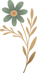 A whimsical flat illustration of a green-petaled flower with a peach center and tan stem, accompanied by delicate leaves and buds.