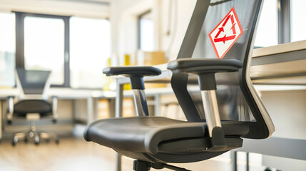 Fototapeta premium An ergonomic office chair in a modern workspace with a symbolic warning label, highlighting the health risks associated with prolonged sitting. Ideal for illustrating workplace wellness, sedentary lif