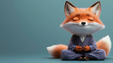 A cute, cartoon-style fox meditating peacefully with eyes closed, wearing a cozy robe, set against a soft blue background.