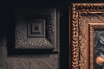 interior in a restaurant, cafe, bar, painting, decorative plaster, dark, painted and carved...