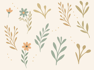 Set with whimsical pastel flowers and leaf branches on a black background with scattered yellow dots.