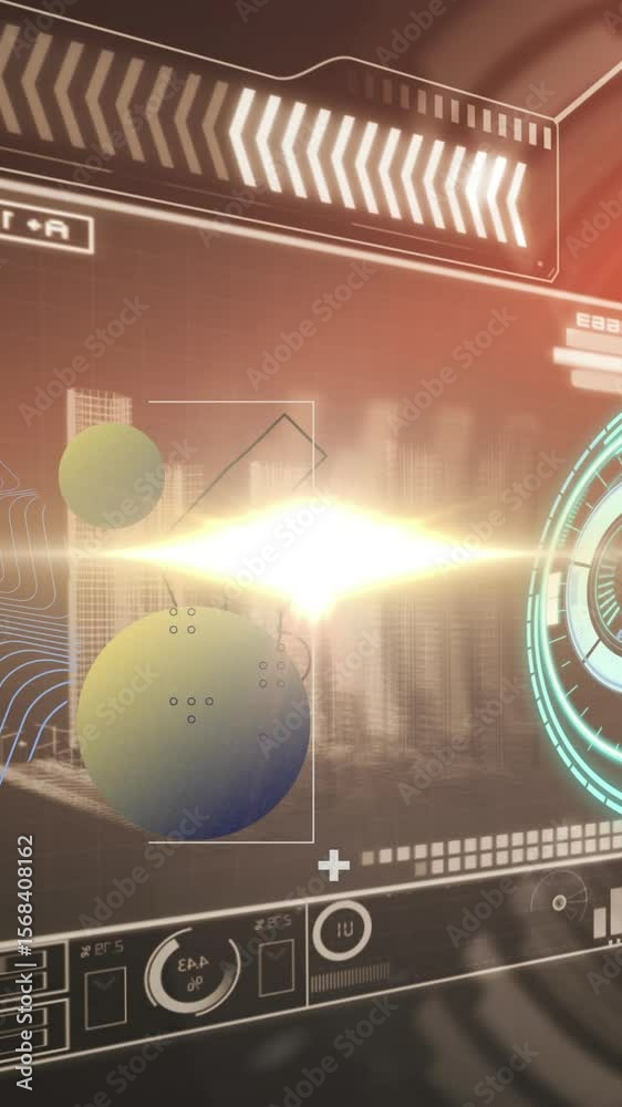Poster animation of hud interface with globes and wave pattern in viewfinder over black background