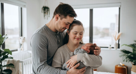 Loving young mother with down syndrome and father embracing their newborn baby at home