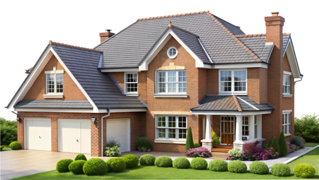 A beautiful brick house with a manicured lawn isolated on transparent background