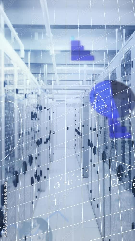Poster animation of data processing and mathematical equations against computer server room