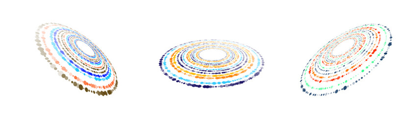 Set of abstract vector ellipses made of colored dots, viewed in perspective on white background. Vector illustration