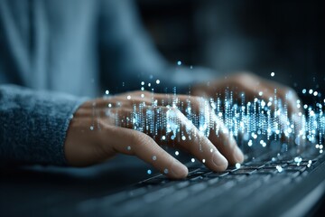 Hands typing on keyboard with digital sound waves illustrating electronic communication at night