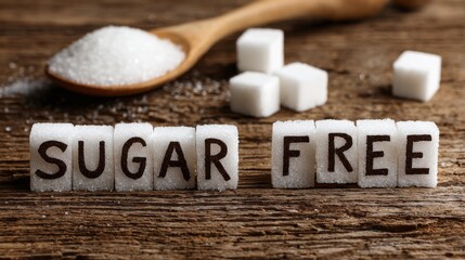 Ultra quality image of sugar Free Concept: The words "Sugar Free" spelled out in white letters made of sugar crystals on a wooden surface, accompanied by white sugar cubes.