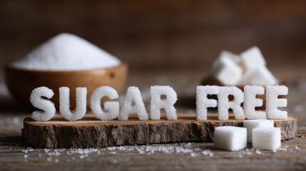 Ultra quality image of sugar Free Concept: The words "Sugar Free" spelled out in white letters made of sugar crystals on a wooden surface, accompanied by white sugar cubes.
