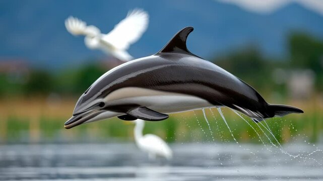 Dolphin leaps out of the water, with a bird flying in the background. The scene is serene and peaceful, with the dolphin and bird both enjoying the water
